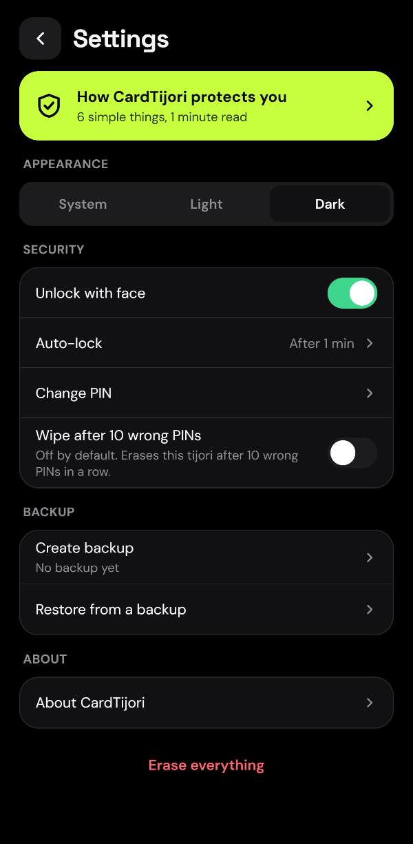 Settings in dark theme