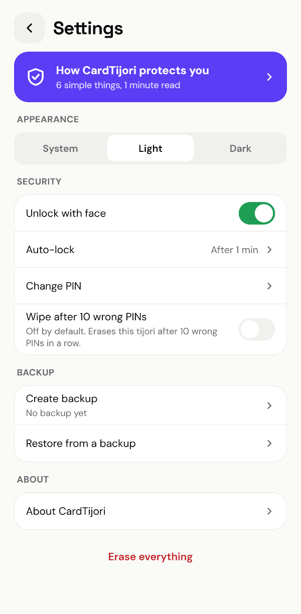 Settings in light theme