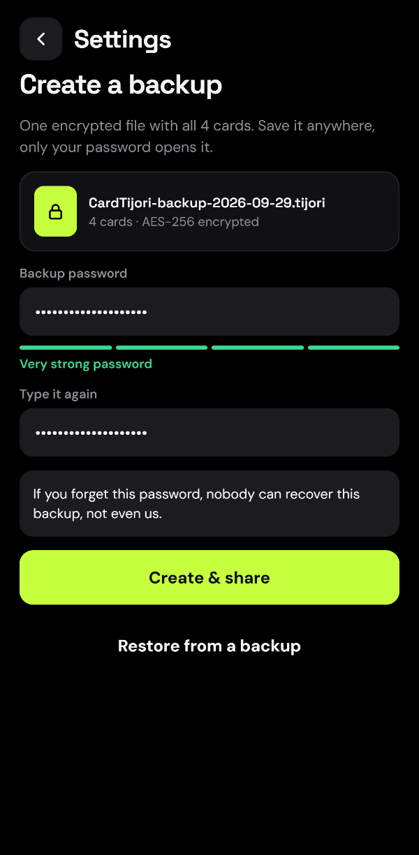 Backup screen with a password strength meter